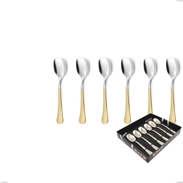 Hermitage Gold Set of 6 Ice Cream Spoons in Showcase Box, 18-10 Stainless Steel, 24 Carat Polished Gold, 2.5 mm Thickness