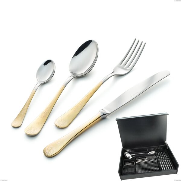 Hermitage Gold 51 Piece Cutlery Set in Wooden Case, 18-10 Stainless Steel, 24 Carat Polished Gold, 2.5 mm Thickness