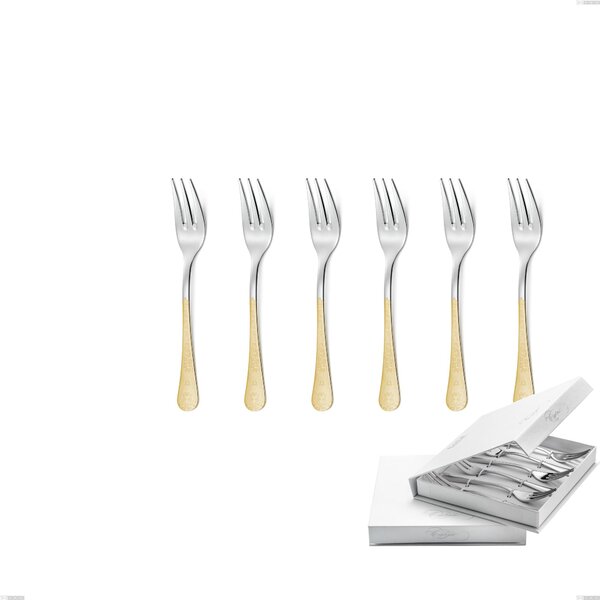 Hermitage Gold Set of 6 Dessert Forks in Book-style Box, 18-10 Stainless Steel, 24 Carat Polished Gold, 2.5 mm Thickness