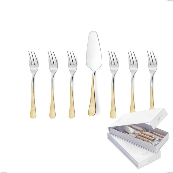 Hermitage Gold Dessert Cutlery Set Including Small Forks and Cake Server, Presented in a Book-style Box, 18-10 Steel, Polished 24 Carat Gold, 2.5 mm Thickness