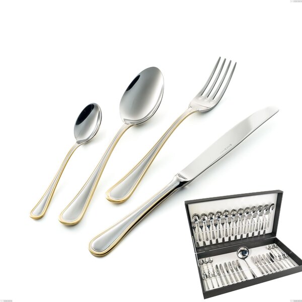 Impero oro 49-piece cutlery set in canteen box, economical knife, 18-10 steel, polished 24-carat gold, 2.5 mm thickness
