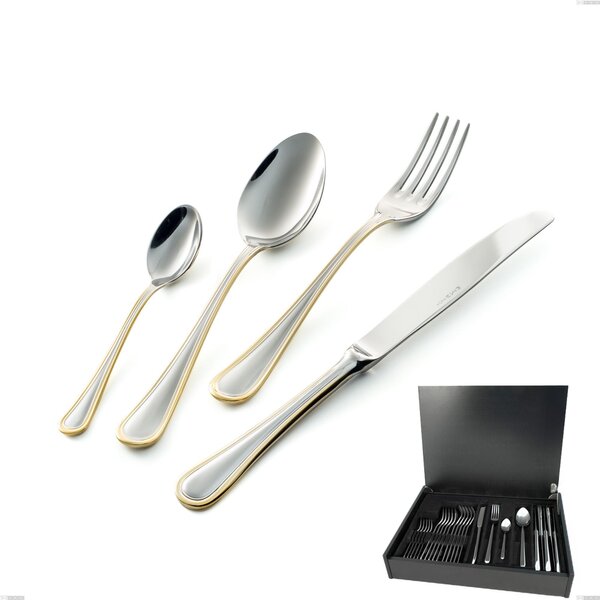 24-Piece Impero Oro Cutlery Set in Wooden Case, Economical Knife, 18-10 Stainless Steel, 24 Carat Polished Gold, 2.5 mm Thickness