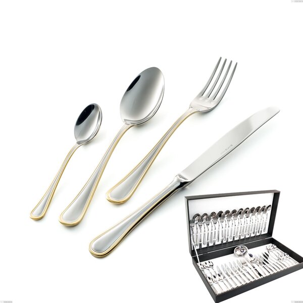 Impero Gold 51-Piece Cutlery Set in Canteen Box, Economical Knife, 18-10 Steel, 24 Carat Polished Gold, 2.5 mm Thickness