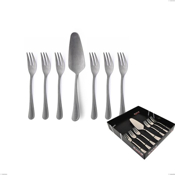 Set of 7 Dessert Cutlery, Small Forks plus Dessert Spatula Impero Retro in Display Box, Vintage Stainless Steel (Aisi 304)