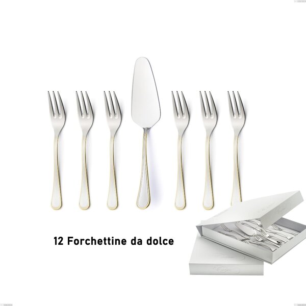 Set of 13 Dessert Cutlery, Small Forks and Dessert Spatula Impero oro in Book-style Box, 18-10 Stainless Steel, 24 Carat Polished Gold, 2.5 mm Thickness