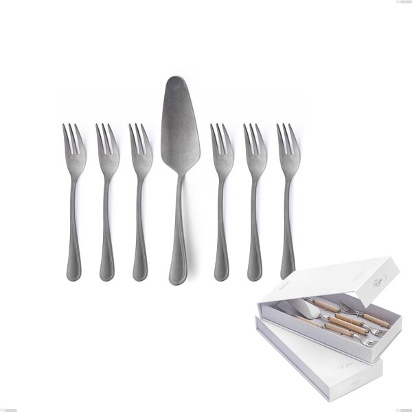 Impero Retro 7-piece dessert cutlery set, small forks and cake server, presented in a book-style box, vintage stainless steel (Aisi 304)