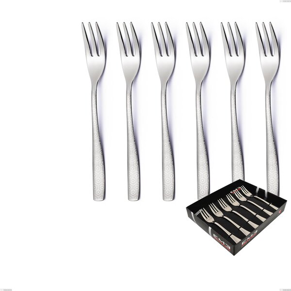 Infinity Seamless 6-piece dessert fork set in showcase packaging, 18/10 Stainless Steel (aisi 304), laser engraving, 2.5 mm thickness