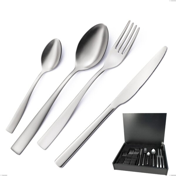 24-Piece Infinity Sandblasted Cutlery Set in Wooden Case, Sandblasted Stainless Steel 18/10 (AISI 304), Laser Engraving, 2.5mm Thickness