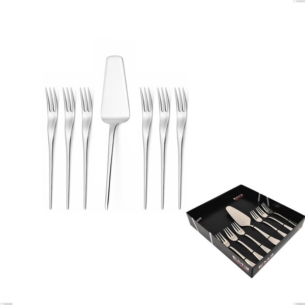 Joli 7-piece dessert cutlery set, including small forks and cake server, showcased in a display box, Stainless Steel 18.10 (AISI304), 4.00 mm thickness