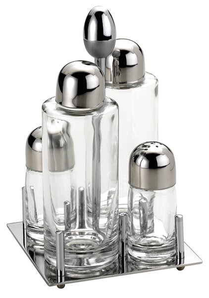 Joint Square Base Polished Steel Oil Cruet with Glass Bottles and Drip-Saving Cap