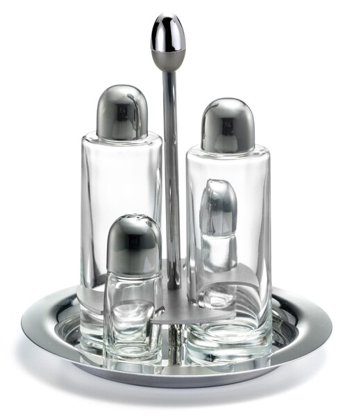 Round Base JOINT Polished Steel Oil Cruet with Glass Bottles and Drip-Saving Cap