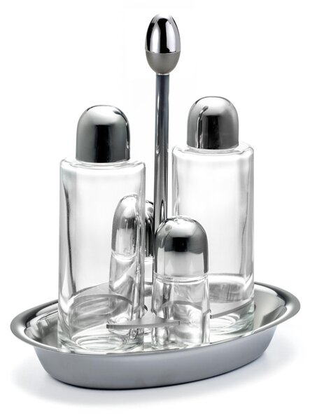 Oval Base JOINT Polished Steel Oil Cruet with Glass Bottles and Drip-Saving Cap