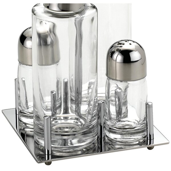 Joint Square Base Polished Steel Oil Cruet with Glass Bottles and Drip-Saving Cap