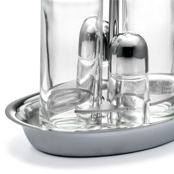 Oval Base JOINT Polished Steel Oil Cruet with Glass Bottles and Drip-Saving Cap
