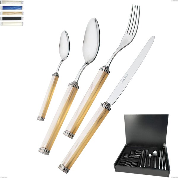 KILIM 18/10 Colourful Cutlery Set 24 Pieces with Square Handles and Satin Ferrules in Wooden Case
