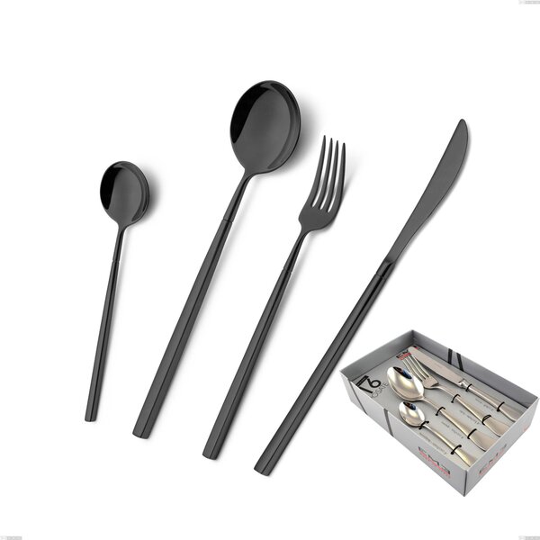 Kyoto Black 16 Piece Cutlery Set in Display Case, Stainless Steel (Aisi 304) with PVD Polished Steel Treatment