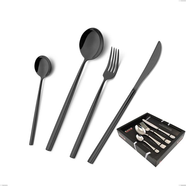 Kyoto Black 24 Piece Cutlery Set in Showcase Packaging, Stainless Steel (Aisi 304) with Polished Steel PVD Treatment