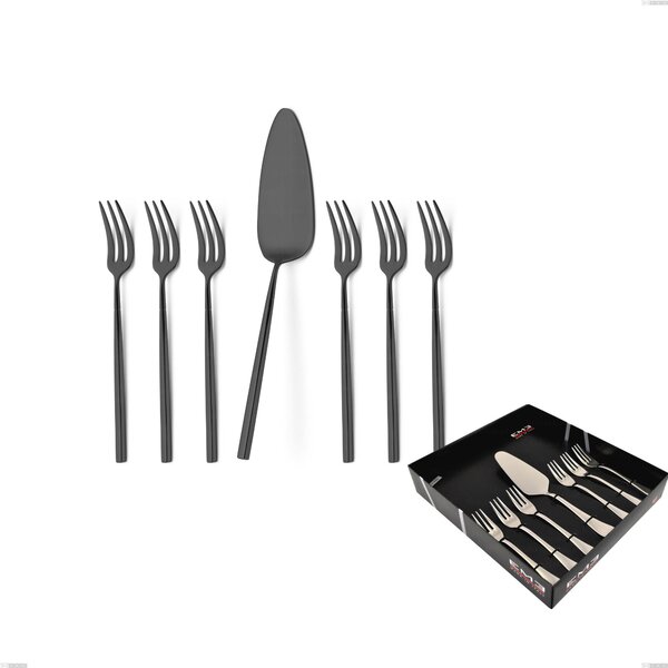 Kyoto Black 7-piece Dessert Cutlery Set, Small Forks and Dessert Spatula in Display Box, Stainless Steel (Aisi 304) with Polished Steel PVD Treatment