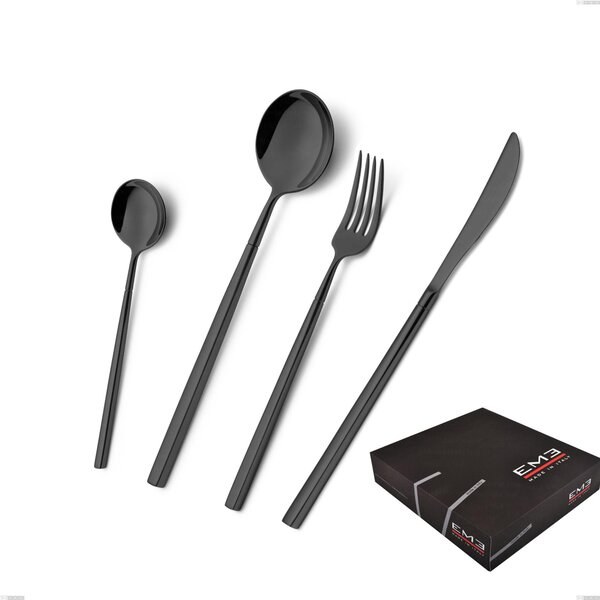 Kyoto Black 49 Piece Cutlery Set in Gift Box, Stainless Steel (Aisi 304) with Glossy Steel PVD Treatment