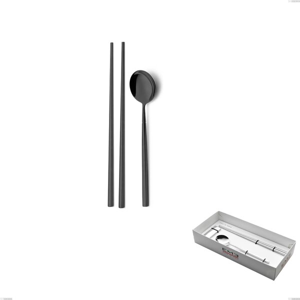 Kyoto Black Sushi Cutlery Set for 1 Person in Showcase Packaging, Stainless Steel (Aisi 304) with Polished Steel PVD Treatment