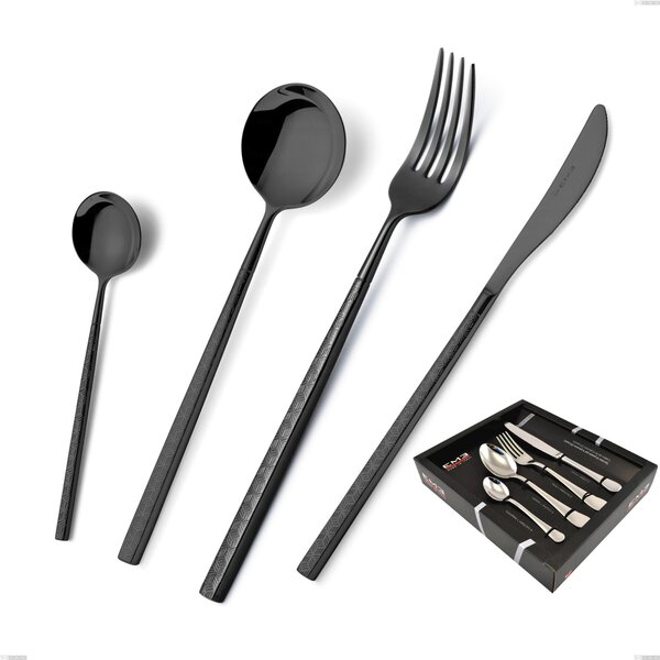 24 Piece Kyoto Origami Black Cutlery Set in Showcase Packaging, Stainless Steel (Aisi 304) with Glossy Steel PVD Treatment
