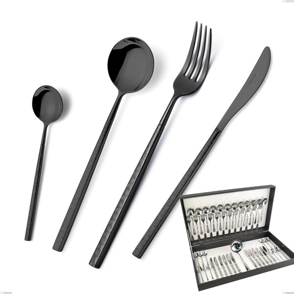 Kyoto Origami Black 49 Piece Cutlery Set in Canteen Box, Stainless Steel (Aisi 304) with Polished Steel PVD Treatment