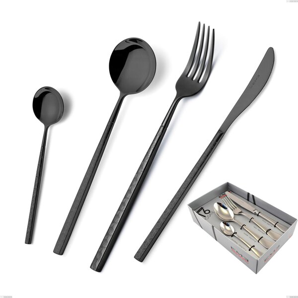 Kyoto Origami Black 16-Piece Cutlery Set in Showcase Packaging, Stainless Steel (Aisi 304) with Polished Steel PVD Treatment