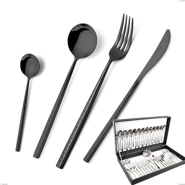 Kyoto Origami Black 51 Piece Cutlery Set in Canteen Box, Stainless Steel (Aisi 304) with Glossy Steel PVD Treatment