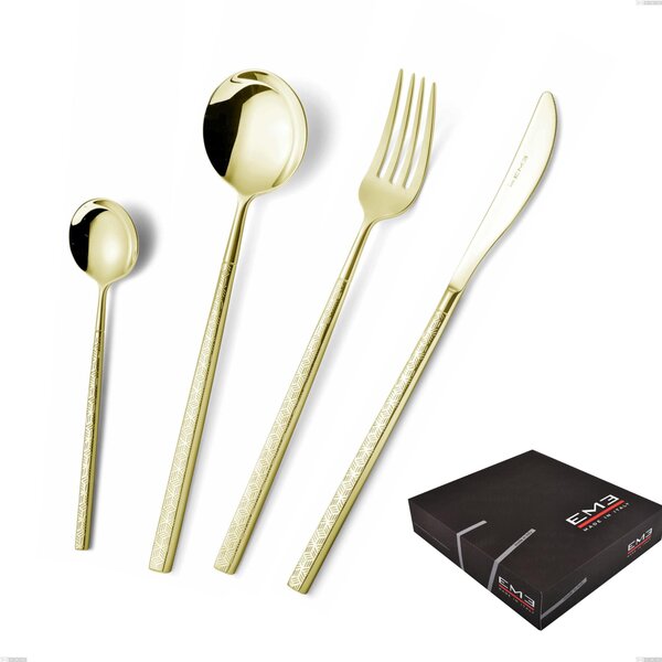 Kyoto Origami Tin Gold 49-Piece Cutlery Set in Gift Box, Stainless Steel (Aisi 304) with Polished Steel PVD Treatment
