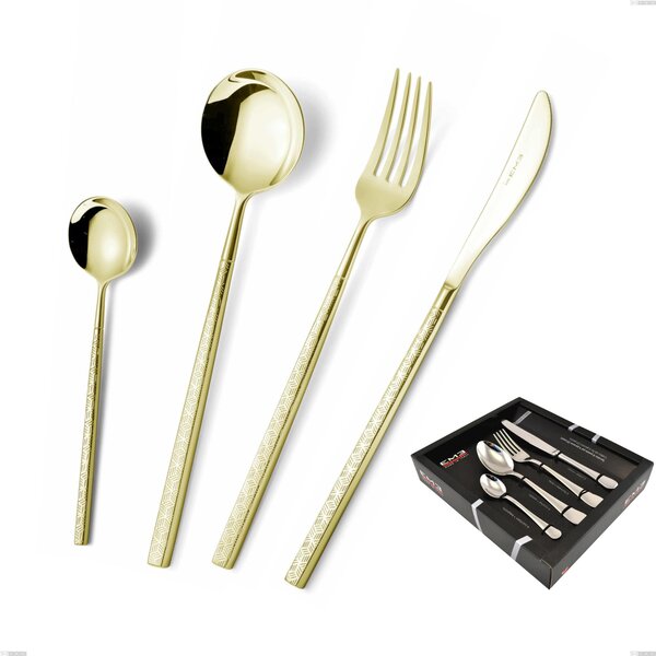 Kyoto Origami Tin Gold 24 Piece Cutlery Set in Display Box, Stainless Steel (Aisi 304) with Polished Steel PVD Treatment