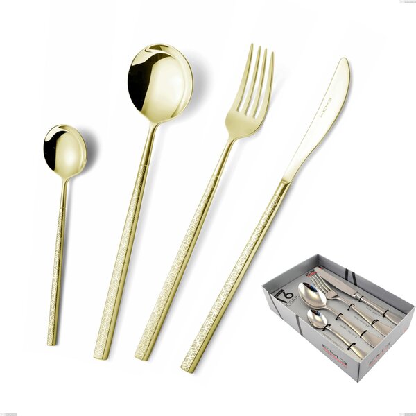 Kyoto Origami Tin Gold 16-Piece Cutlery Set in Showcase Packaging, Stainless Steel (Aisi 304) with Polished Steel PVD Treatment