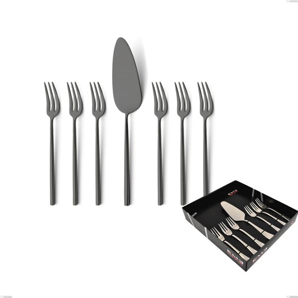 7-piece Dessert Cutlery Set, Small Forks and Dessert Spatula Kyoto Sandblasted Black in Display Box, Sandblasted Stainless Steel (Aisi 304)