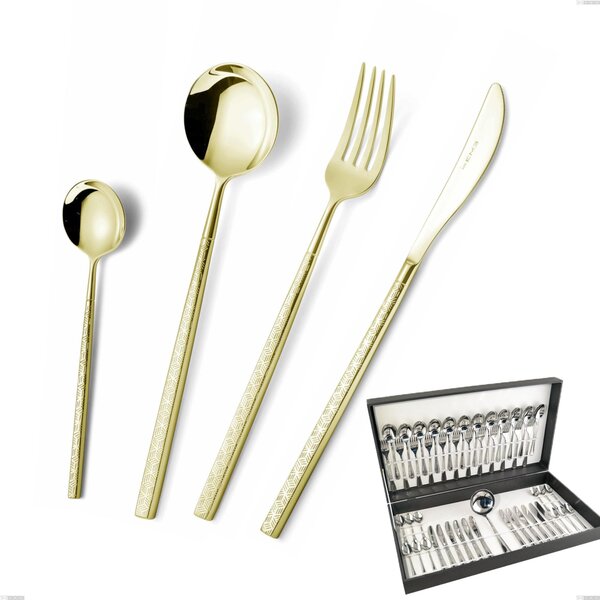 Kyoto Origami Tin Gold 49 Pieces Cutlery Set in Canteen Box, Stainless Steel (Aisi 304) with Polished Steel PVD Treatment