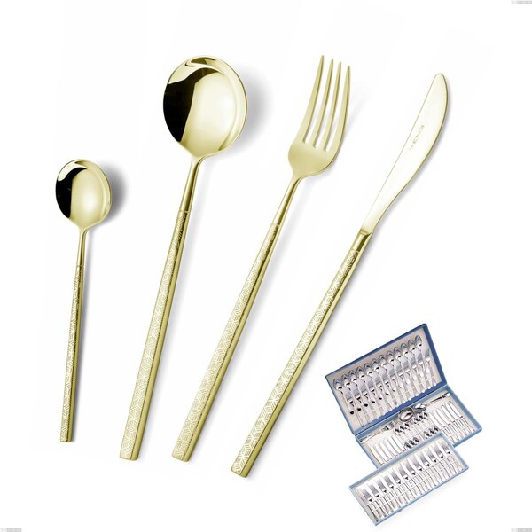 75 Piece Kyoto Origami Tin Gold Cutlery Set in Canteen Box, Stainless Steel (Aisi 304) with Polished Steel PVD Treatment