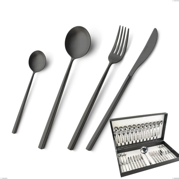 Kyoto Sandblasted Black 49 Piece Cutlery Set in Canteen Box, Sandblasted Stainless Steel (Aisi 304)