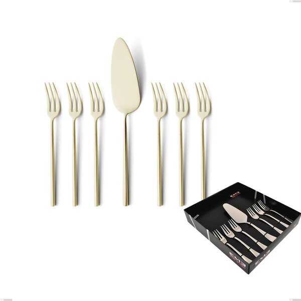 Kyoto Sandblasted Champagne 7-piece dessert cutlery set, small forks and cake server in display box, Sandblasted Stainless Steel (Aisi 304)