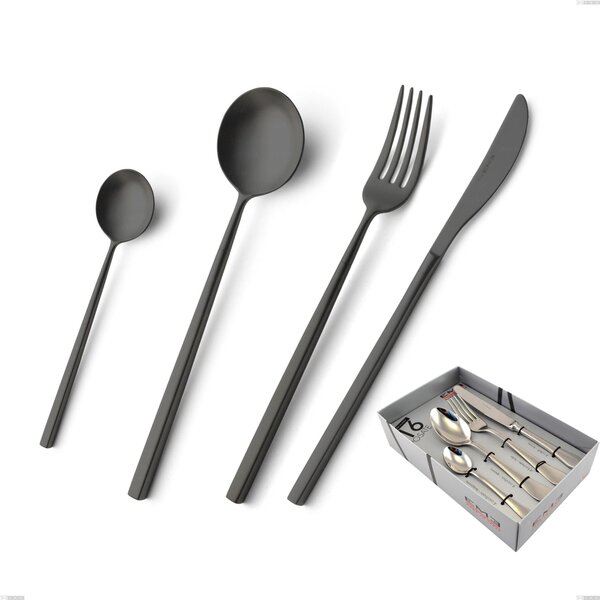 16-Piece Kyoto Sandblasted Black Cutlery Set in Display Box, Sandblasted Stainless Steel (Aisi 304)