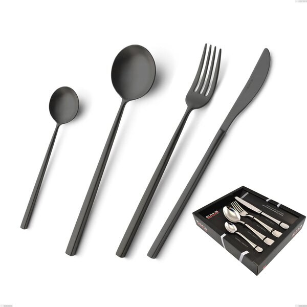 24 Piece Kyoto Sandblasted Black Cutlery Set in Showcase Packaging, Sandblasted Stainless Steel (Aisi 304)