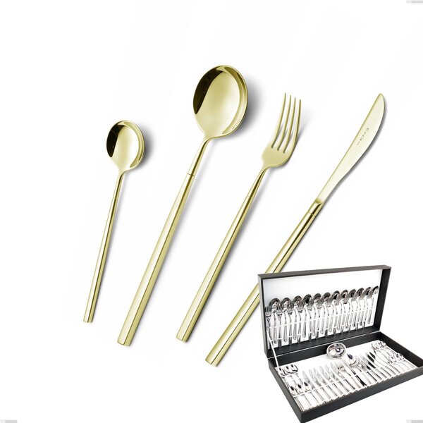 Kyoto Tin Gold 51-piece Cutlery Set in Canteen Box, Stainless Steel (Aisi 304) with Polished Steel PVD Treatment