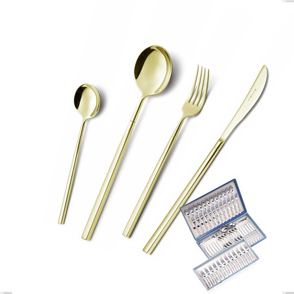 75-Piece Kyoto Tin Gold Cutlery Set in Canteen Box, Stainless Steel (Aisi 304) with Polished Steel PVD Treatment