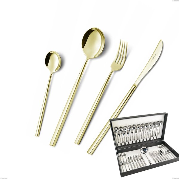 Kyoto Tin Gold 49 Piece Cutlery Set in Canteen Box, Stainless Steel (Aisi 304) with Polished Steel PVD Treatment