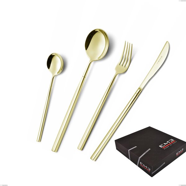 Kyoto Tin Gold 49-Piece Cutlery Set in Gift Box, Stainless Steel (Aisi 304) with Polished Steel PVD Treatment