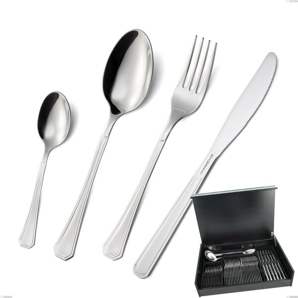 Loira 51-Piece Cutlery Set in Wooden Box, Mensa Economic Knife, Polished AISI 304 Stainless Steel, 2 mm Thickness, Classic Design