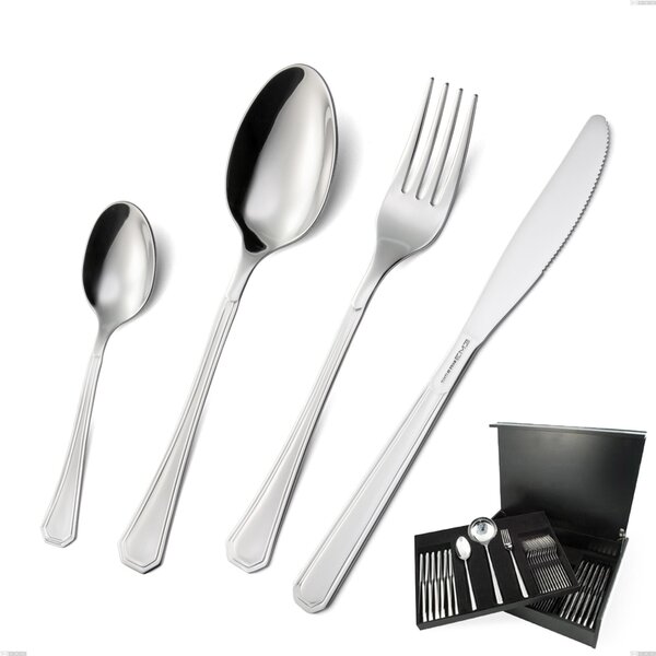 75 Piece Loira Cutlery Set in Wooden Box, Mensa Knife, Economy, Polished Aisi 304 Stainless Steel, 2 mm Thickness, Classic Design