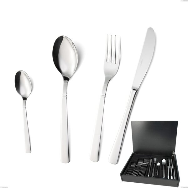 Lux 24-Piece Cutlery Set in Wooden Canteen Box, Polished AISI 304 Stainless Steel, 2.5 mm Thickness