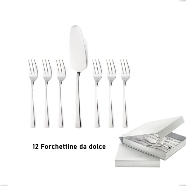 Lux 13-piece dessert cutlery set, including small forks and cake server, presented in a book-style case, AISI 304 polished stainless steel, 2.5 mm thickness