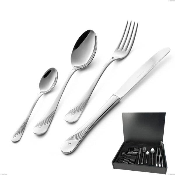 Milano Inciso 24-piece cutlery set in wooden case, 18/10 (AISI304) polished stainless steel, 2.5 mm thickness