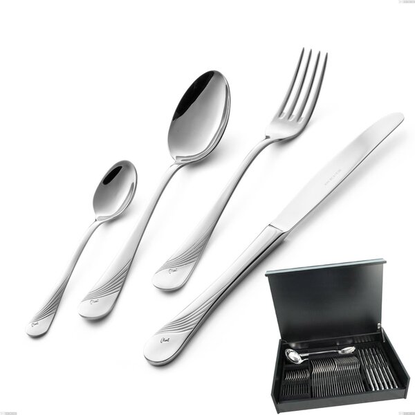 Milano Inciso 51-Piece Cutlery Set in Wooden Case, 18/10 (AISI304) Polished Stainless Steel, 2.5 mm Thickness