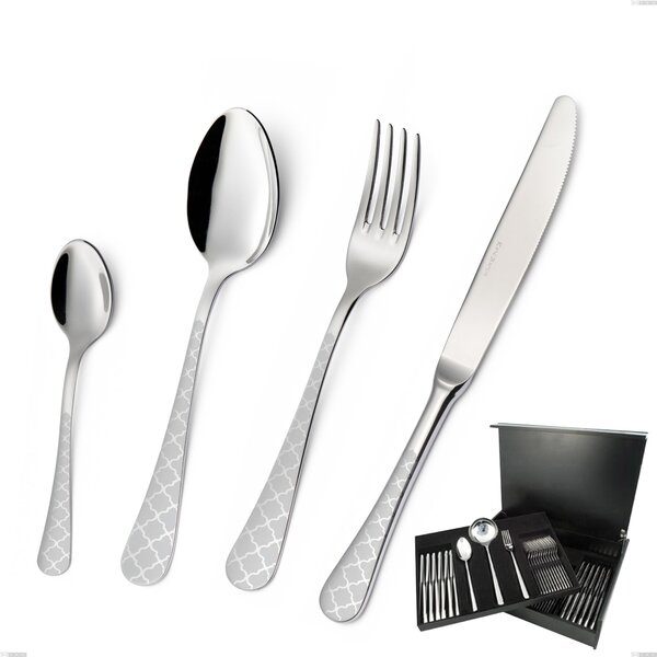 75-Piece Milano Damask Cutlery Set in Wooden Case, 18/10 (AISI304) Polished Stainless Steel with Damask Effect, 2.5 mm Thickness