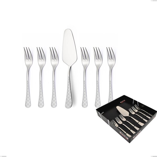 Milano Damask 7-piece dessert cutlery set, small forks and cake server in display box, 18/10 (AISI304) polished stainless steel with damask effect, 2.5 mm thickness